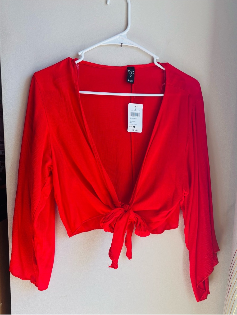Windsor Red Tie-Front Long Sleeve Crop Top
